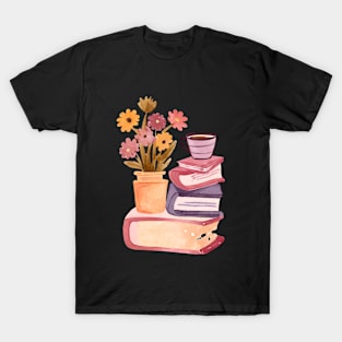 Cute Watercolor Books and Coffee and Flowers T-Shirt